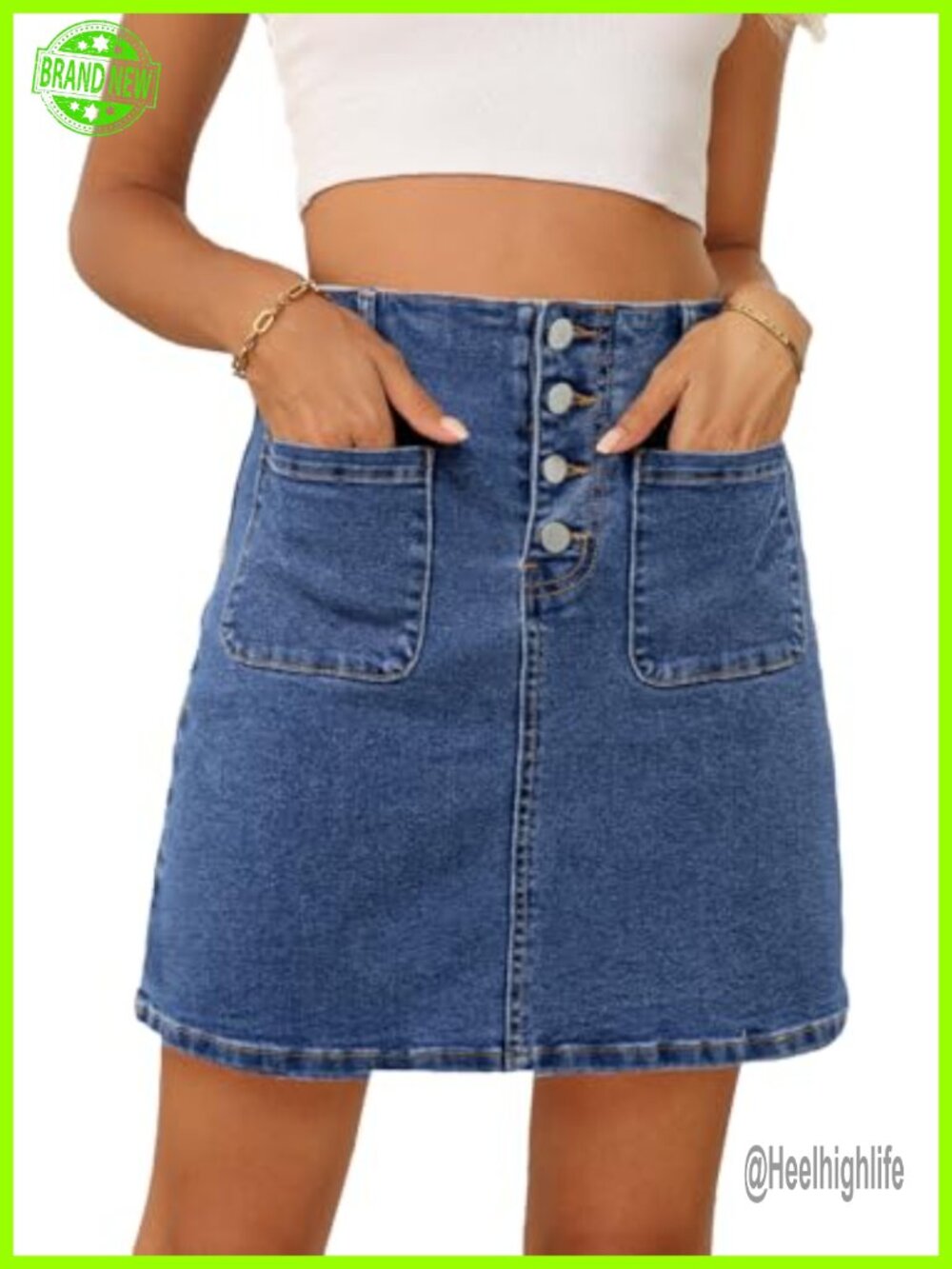 High Waist Denim A-Line Mini Skirt Button Down Pockets Summer